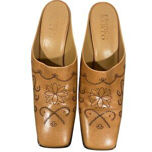 Franco Sarto Tan Leather Etched Slip-On Square Toe Block Heel Mules  Size 10